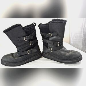 UGG Australia Becket Black Leather Sheepskin Boots Women's Moto Buckle Size 7